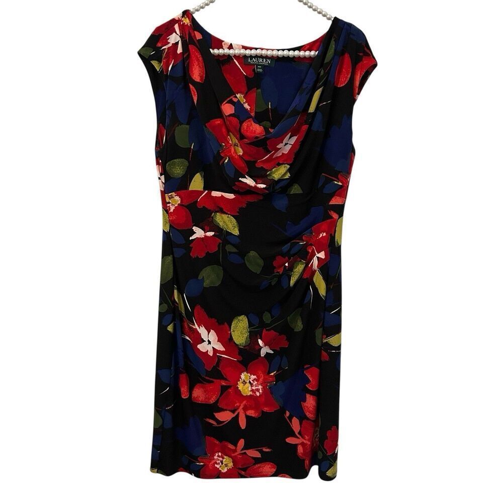 LAUREN Ralph Lauren Black Red Green Floral Cap Sleeve Sheath Dress 14P Classic